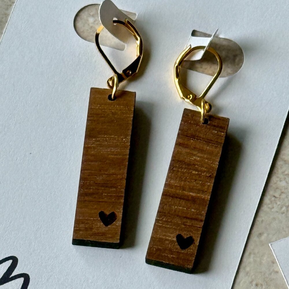 Engraved Heart Wood Earrings | Gold or Silver Stainless Steel Hooks | Lightweigh